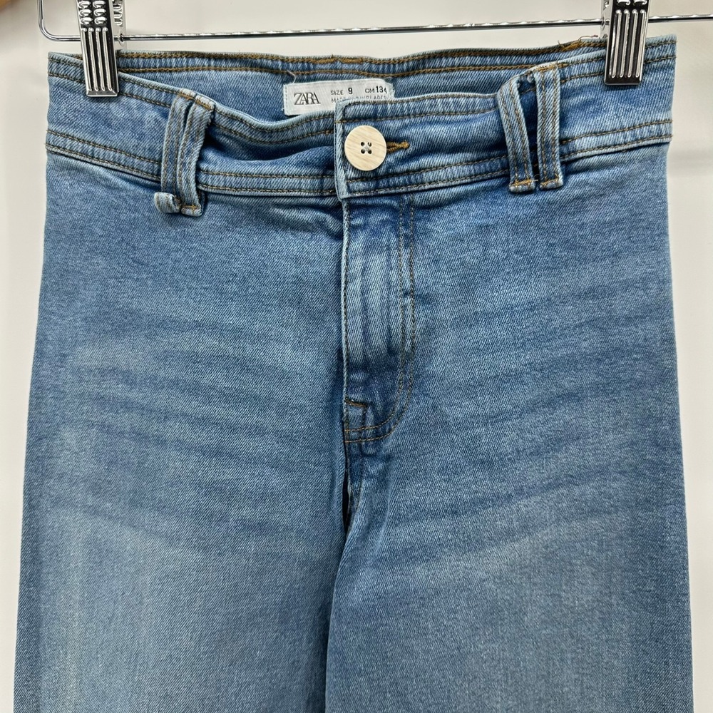 Zara Wide Leg Jeans Girls 9 Blue Demin High Waist Whisker Everyday Wear Raw Hem